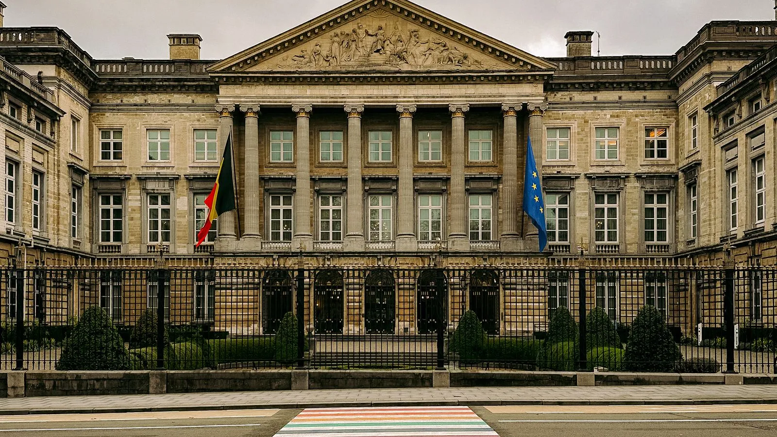 The neoclassical façade of the Palace of the Nation, seat of Belgium's federal parliament in Brussels, with the Belgian and European flags at the entrance